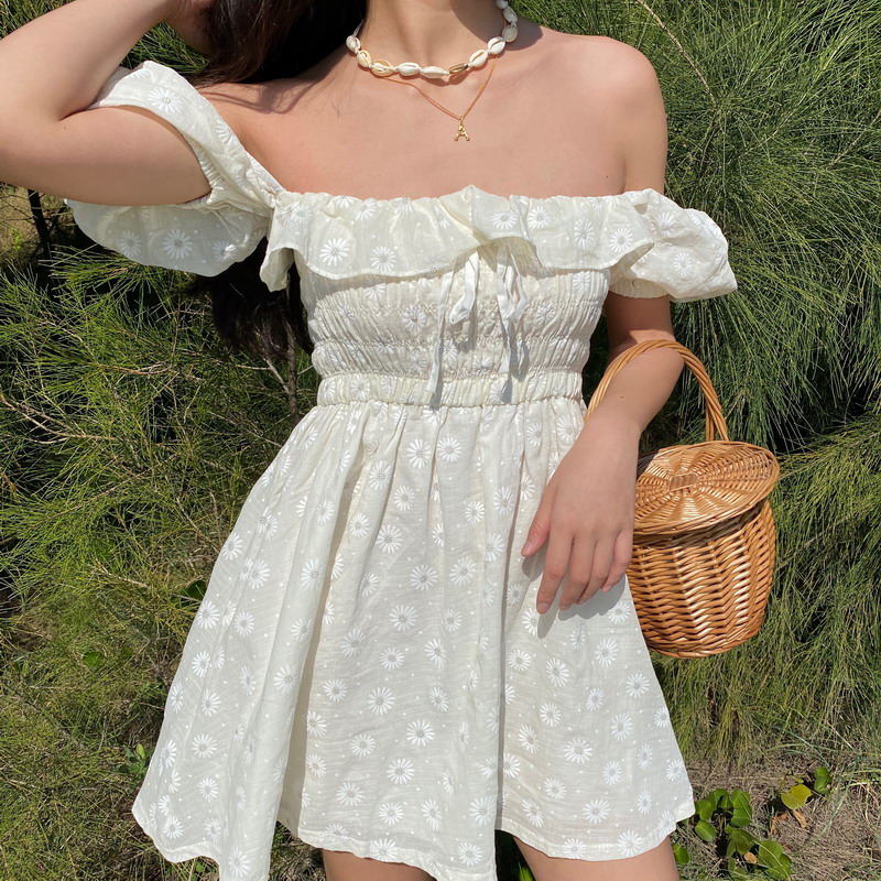 French Bubble Sleeve Off-Shoulder Ruffle Daisy Embroidered Dress with Pleated Skirt - Y2K Fashion, Cute Summer Style French Bubble Sleeve Off-Shoulder Ruffle Daisy Embroidered Dress with Pleated Skirt - Y2K Fashion, Cute Summer Style