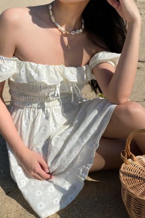 French Bubble Sleeve Off-Shoulder Ruffle Daisy Embroidered Dress with Pleated Skirt - Y2K Fashion, Cute Summer Style