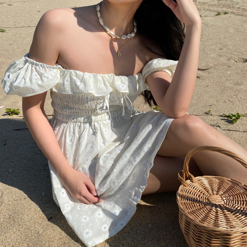 French Bubble Sleeve Off-Shoulder Ruffle Daisy Embroidered Dress with Pleated Skirt - Y2K Fashion, Cute Summer Style French Bubble Sleeve Off-Shoulder Ruffle Daisy Embroidered Dress with Pleated Skirt - Y2K Fashion, Cute Summer Style