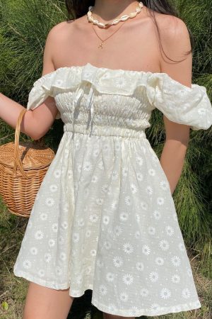 French Bubble Sleeve Off-Shoulder Ruffle Daisy Embroidered Dress with Pleated Skirt - Y2K Fashion, Cute Summer Style
