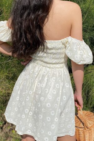 French Bubble Sleeve Off-Shoulder Ruffle Daisy Embroidered Dress with Pleated Skirt - Y2K Fashion, Cute Summer Style