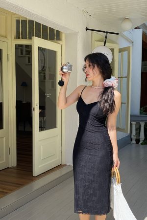 French Lace Camisole Dress with Elastic Mesh Bodycon Skirt - Slim Fit, European American Style, Perfect for Y2K and Chic Occasions