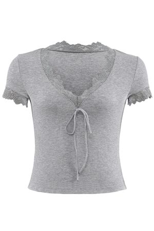 French Lace V-Neck Short Sleeve T-shirt for Women - White Slim Fit Sexy Tie-Up Top, Y2K Style Fashion