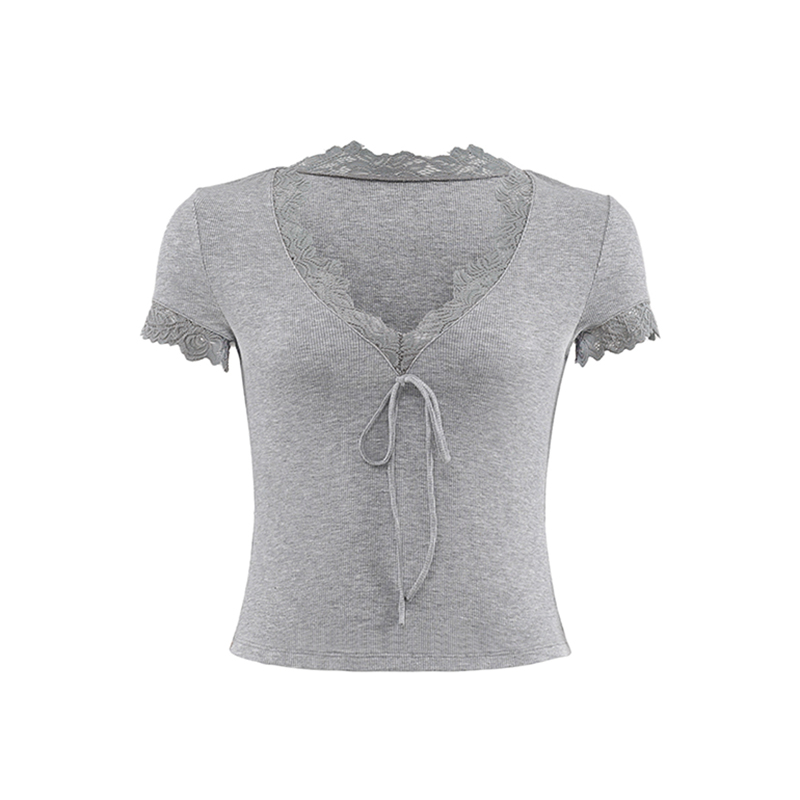 French Lace V-Neck Short Sleeve T-shirt for Women - White Slim Fit Sexy Tie-Up Top, Y2K Style Fashion French Lace V-Neck Short Sleeve T-shirt for Women - White Slim Fit Sexy Tie-Up Top, Y2K Style Fashion
