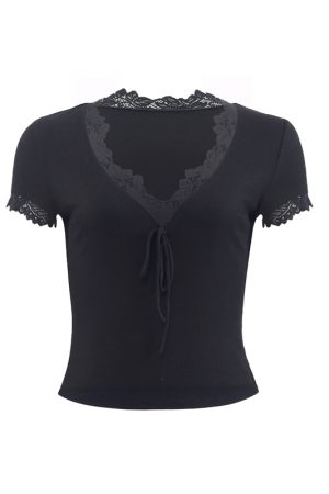 French Lace V-Neck Short Sleeve T-shirt for Women - White Slim Fit Sexy Tie-Up Top, Y2K Style Fashion