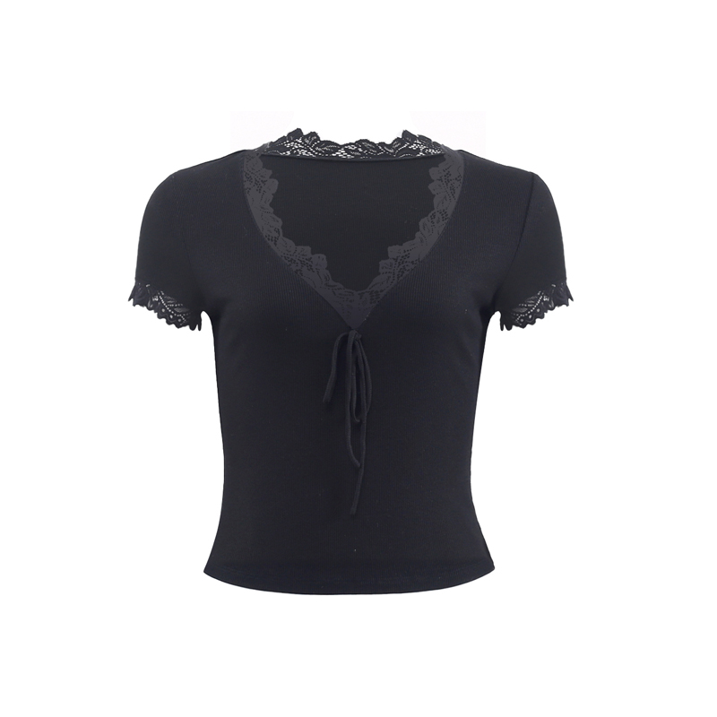 French Lace V-Neck Short Sleeve T-shirt for Women - White Slim Fit Sexy Tie-Up Top, Y2K Style Fashion French Lace V-Neck Short Sleeve T-shirt for Women - White Slim Fit Sexy Tie-Up Top, Y2K Style Fashion