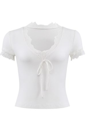 French Lace V-Neck Short Sleeve T-shirt for Women - White Slim Fit Sexy Tie-Up Top, Y2K Style Fashion