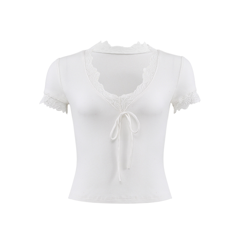 French Lace V-Neck Short Sleeve T-shirt for Women - White Slim Fit Sexy Tie-Up Top, Y2K Style Fashion French Lace V-Neck Short Sleeve T-shirt for Women - White Slim Fit Sexy Tie-Up Top, Y2K Style Fashion