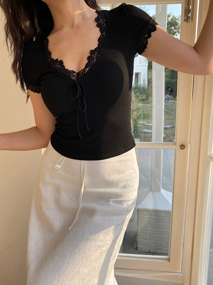 French Lace V-Neck Short Sleeve T-shirt for Women - White Slim Fit Sexy Tie-Up Top, Y2K Style Fashion French Lace V-Neck Short Sleeve T-shirt for Women - White Slim Fit Sexy Tie-Up Top, Y2K Style Fashion