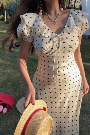 French Polka Dot Ruffled Puff Sleeve Waist-Defined Maxi Dress for Women - 2025 Spring/Summer Vacation Style