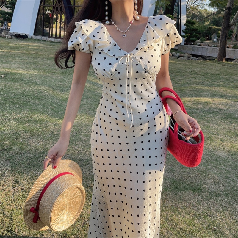French Polka Dot Ruffled Puff Sleeve Waist-Defined Maxi Dress for Women - 2025 Spring/Summer Vacation Style French Polka Dot Ruffled Puff Sleeve Waist-Defined Maxi Dress for Women - 2025 Spring/Summer Vacation Style