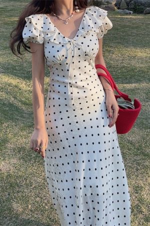 French Polka Dot Ruffled Puff Sleeve Waist-Defined Maxi Dress for Women - 2025 Spring/Summer Vacation Style