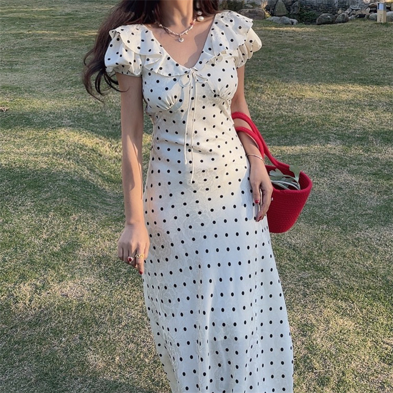 French Polka Dot Ruffled Puff Sleeve Waist-Defined Maxi Dress for Women - 2025 Spring/Summer Vacation Style French Polka Dot Ruffled Puff Sleeve Waist-Defined Maxi Dress for Women - 2025 Spring/Summer Vacation Style