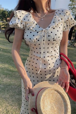 French Polka Dot Ruffled Puff Sleeve Waist-Defined Maxi Dress for Women - 2025 Spring/Summer Vacation Style