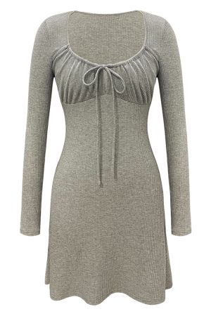 French Pure Desire Drawstring Long Sleeve Knit T-Shirt Dress - Trendy Casual Style for Effortless Y2K Fashion