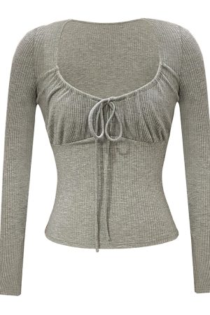 French Pure Desire Drawstring Long Sleeve Knit T-Shirt Dress - Trendy Casual Style for Effortless Y2K Fashion