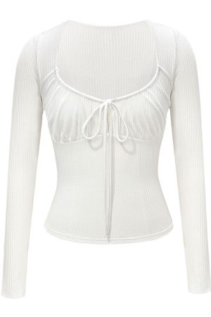 French Pure Desire Drawstring Long Sleeve Knit T-Shirt Dress - Trendy Casual Style for Effortless Y2K Fashion