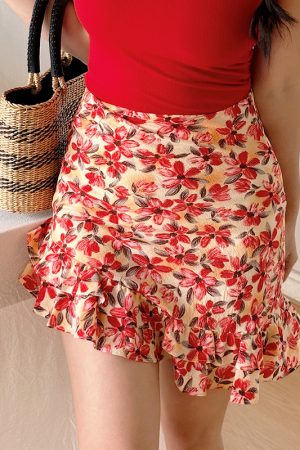 French Red Floral High-Waisted A-Line Skirt Pants with Built-In Safety Shorts â€“ Trendy Y2K Style for Effortless Chic Looks