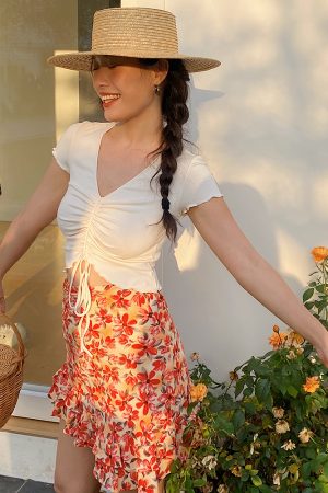 French Red Floral High-Waisted A-Line Skirt Pants with Built-In Safety Shorts â€“ Trendy Y2K Style for Effortless Chic Looks