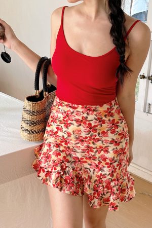 French Red Floral High-Waisted A-Line Skirt Pants with Built-In Safety Shorts â€“ Trendy Y2K Style for Effortless Chic Looks