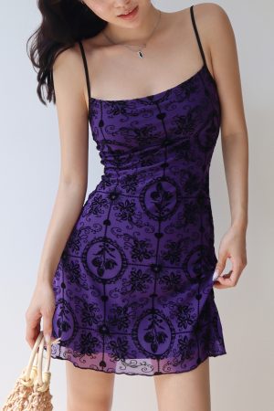 French Retro Girl Purple Printed Elastic Mesh Camisole Mini Dress - Sexy Vacation Style