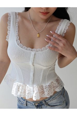 French Retro Lace Trim Waist-Defining Camisole Top for Women - Versatile Vacation Essential in Pure Desire Style
