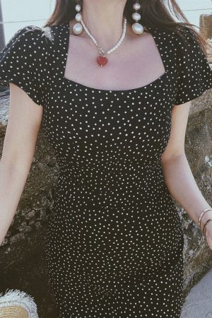 French Romantic Polka Dot Long Dress - Vintage Square Neck Flutter Sleeve Bodycon for Spring/Summer Vacation Style