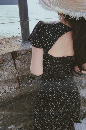 French Romantic Polka Dot Long Dress - Vintage Square Neck Flutter Sleeve Bodycon for Spring/Summer Vacation Style