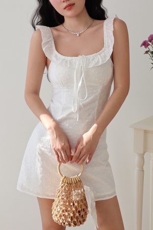 French Sexy Ruffled Embroidered Lace-Up U-Neck Sling Dress for Women - Slim Fit A-Line Short Skirt, Perfect for Y2K and Summer Styles