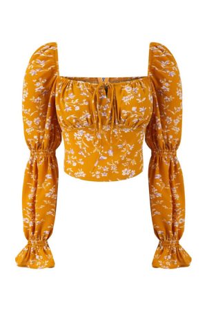 French Square Neck Lantern Sleeve Floral Blouse with Drawstring Waist - 2025 Spring/Summer Vacation Style Top