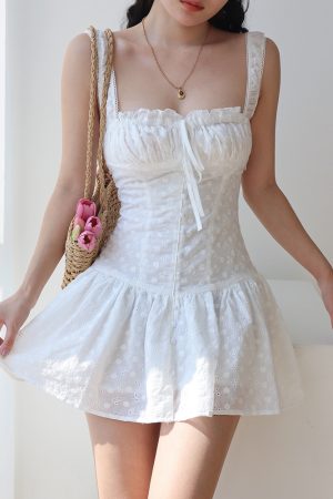 French Square Neck White Hollow Embroidery Dress with Wide Shoulder Straps and Drawstring - Short Vacation Dress for Summer Style
