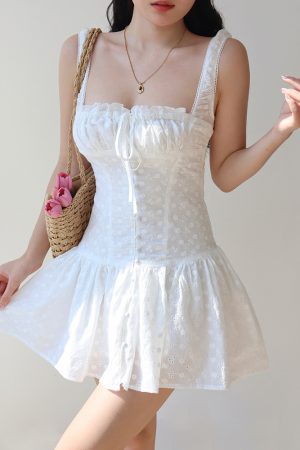 French Square Neck White Hollow Embroidery Dress with Wide Shoulder Straps and Drawstring - Short Vacation Dress for Summer Style