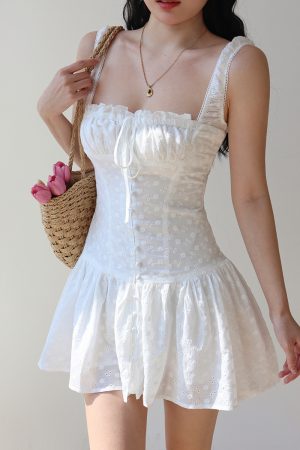 French Square Neck White Hollow Embroidery Dress with Wide Shoulder Straps and Drawstring - Short Vacation Dress for Summer Style