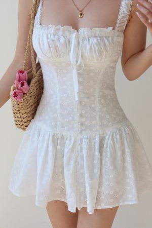French Square Neck White Hollow Embroidery Dress with Wide Shoulder Straps and Drawstring - Short Vacation Dress for Summer Style