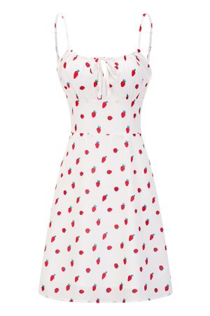 French Strawberry Print Front Tie Double Layer A-Line Camisole Dress â€“ Sexy DIY Summer Fashion for a Chic Look