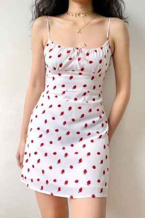 French Strawberry Print Front Tie Double Layer A-Line Camisole Dress â€“ Sexy DIY Summer Fashion for a Chic Look
