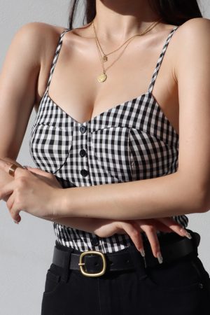 French Style Black and White Check V-Neck Ruffled Strap Tank Top for Women, Vintage Slim Fit Back Tie Blouse, Y2K Fashion