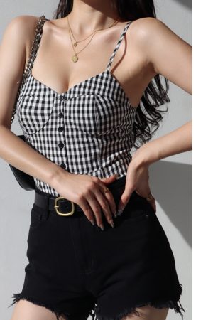 French Style Black and White Check V-Neck Ruffled Strap Tank Top for Women, Vintage Slim Fit Back Tie Blouse, Y2K Fashion