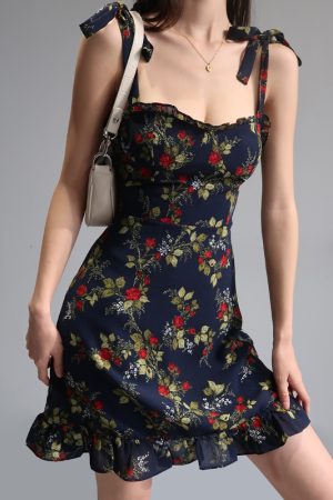French-Style Black Floral Spaghetti Strap Dress with Vintage Lace-Up, High-Waisted A-Line Design for Women â€“ Chic Summer Fashion