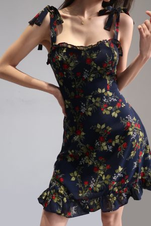 French-Style Black Floral Spaghetti Strap Dress with Vintage Lace-Up, High-Waisted A-Line Design for Women â€“ Chic Summer Fashion