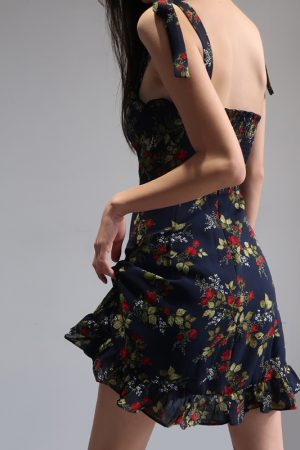 French-Style Black Floral Spaghetti Strap Dress with Vintage Lace-Up, High-Waisted A-Line Design for Women â€“ Chic Summer Fashion