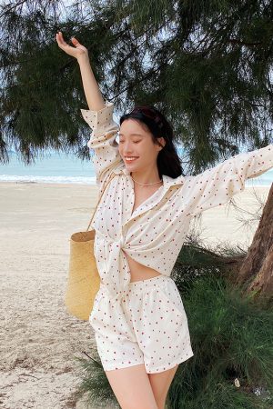 French Style Blue Cotton Shirt Set for Women - Loose Sun Protection Cardigan & A-Line High-Waisted Shorts, Perfect for Summer Outings