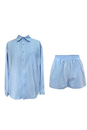 French Style Blue Cotton Shirt Set for Women - Loose Sun Protection Cardigan & A-Line High-Waisted Shorts, Perfect for Summer Outings