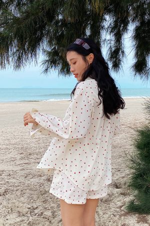 French Style Blue Cotton Shirt Set for Women - Loose Sun Protection Cardigan & A-Line High-Waisted Shorts, Perfect for Summer Outings