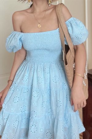 French-Style Elastic Gathered Lantern Sleeve Square Neck Embroidered Cotton Blue Vacation Dress - Spring/Summer 2025 Fashion