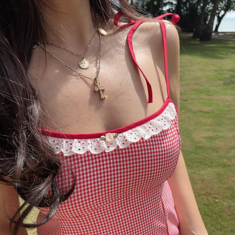 French-Style Plaid Lace-Trimmed Square-Neck Camisole Dress - 2025 Spring/Summer Vacation Short Skirt, Perfect for Y2K & 90s Looks French-Style Plaid Lace-Trimmed Square-Neck Camisole Dress - 2025 Spring/Summer Vacation Short Skirt, Perfect for Y2K & 90s Looks