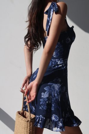 French-Style Sexy Shoulder Tie Ruffled Edge Watercolor Print Waist-Cinching Short A-Line Vacation Dress