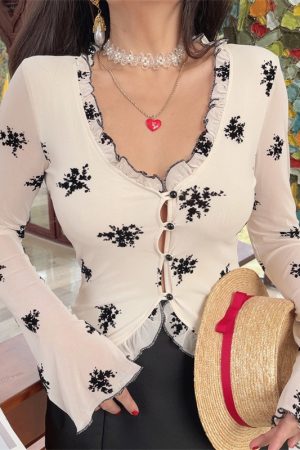 French Style Sheer Black V-Neck Vacation Shirt Top with Mushroom Edge - Women's Waist-Defining 2025 Spring Fashion