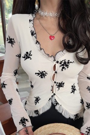 French Style Sheer Black V-Neck Vacation Shirt Top with Mushroom Edge - Women's Waist-Defining 2025 Spring Fashion