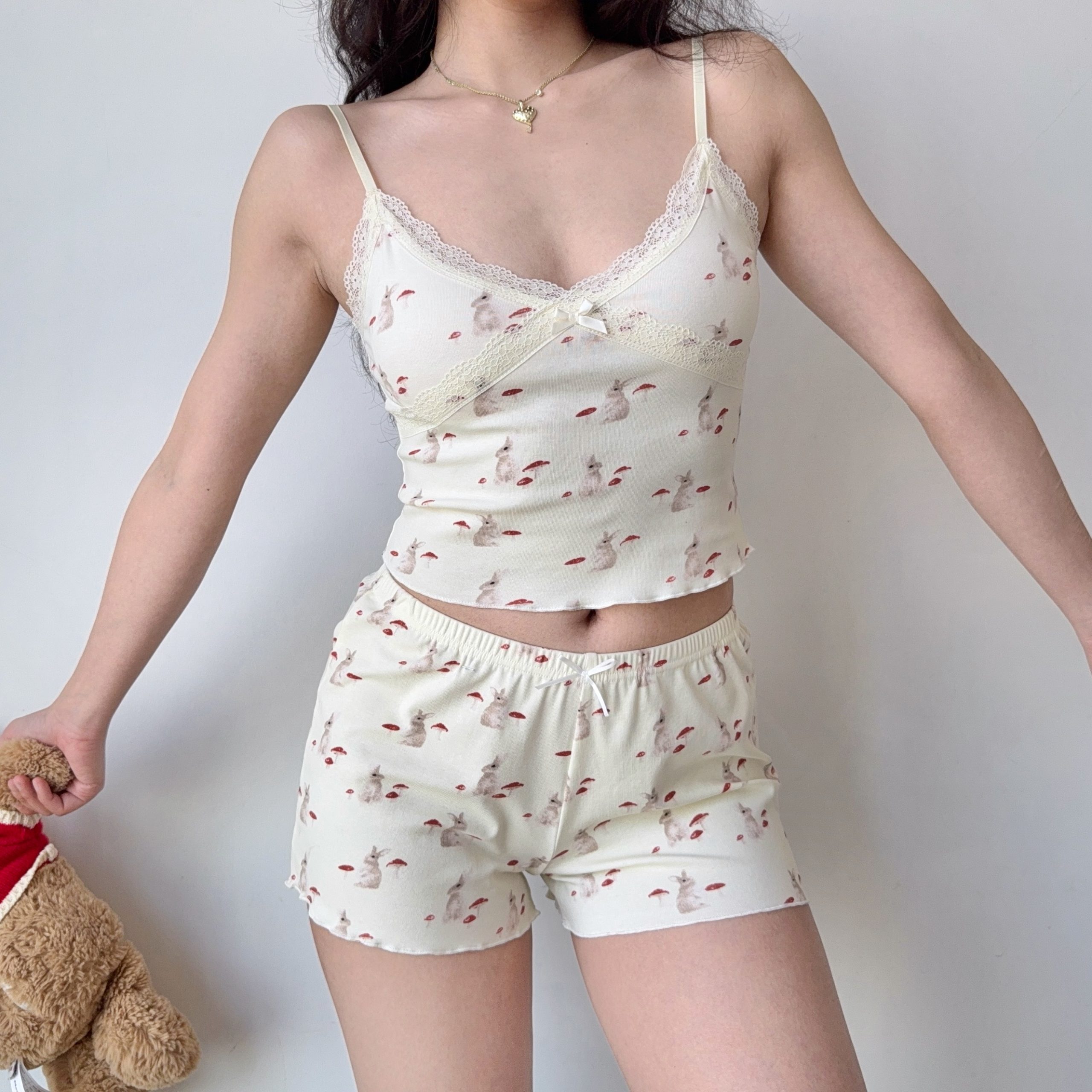 French Sweet Bunny Print Cami Pajama Cardigan and Shorts Loungewear Set for Women – Cute and Comfy Sleepwear Outfit French Sweet Bunny Print Cami Pajama Cardigan and Shorts Loungewear Set for Women – Cute and Comfy Sleepwear Outfit